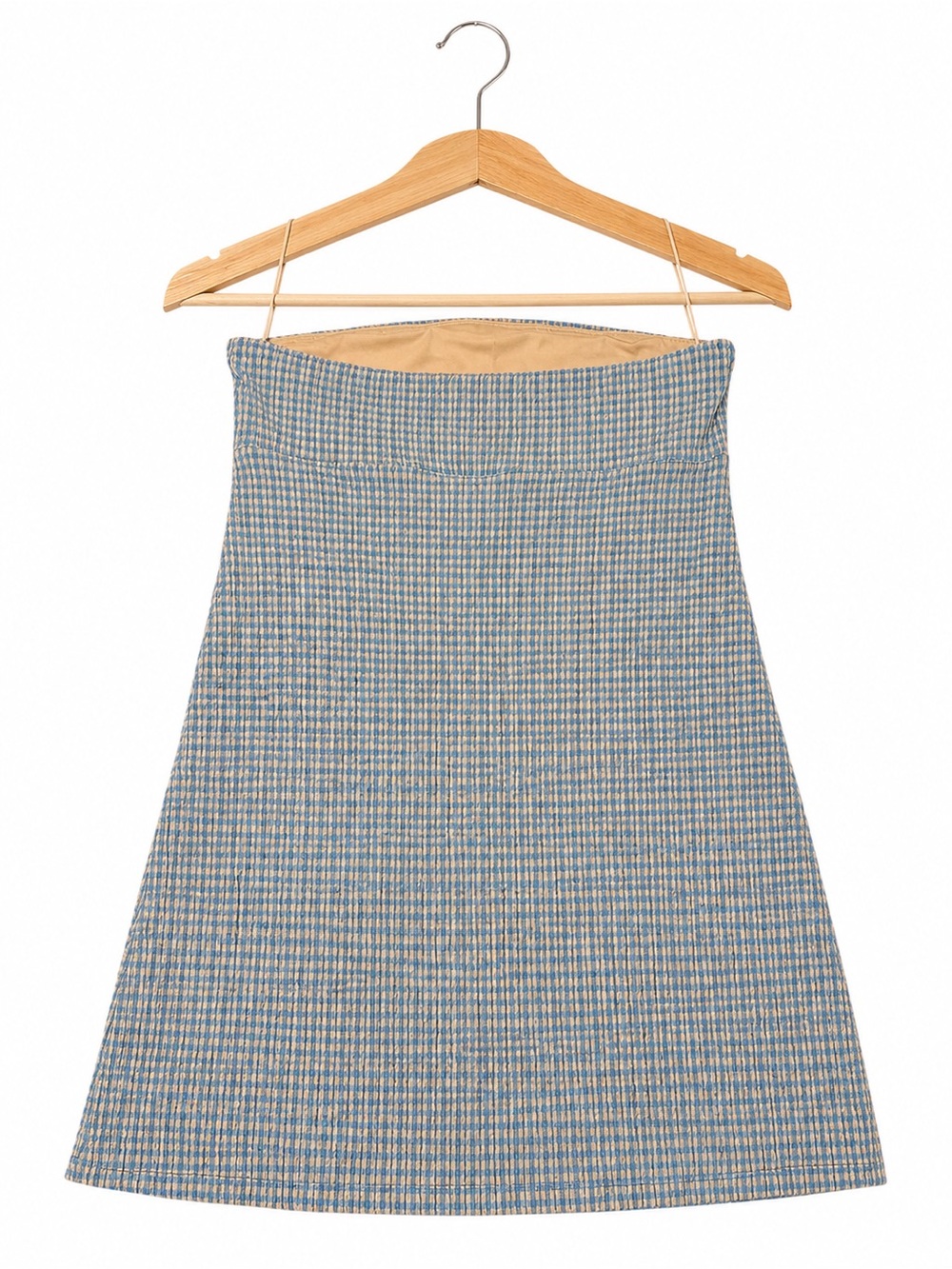 Aritzia Wilfred Blue Gingham Seersucker Strapless Mini Dress XL Summer Coastal - Picture 3 of 7